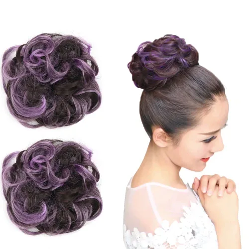 Miniatura 7 de Extensiones de cabello rizado, color marrón y rosa claro, extensiones de moño desordenado, 2 unidades por paquete, extensiones de moño elástico