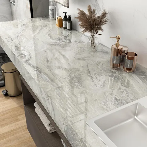 Miniatura 7 de Papel de contacto de mármol beige y plateado brillante para encimeras, papel tapiz de despegar y pegar para gabinetes, película de vinilo para baño