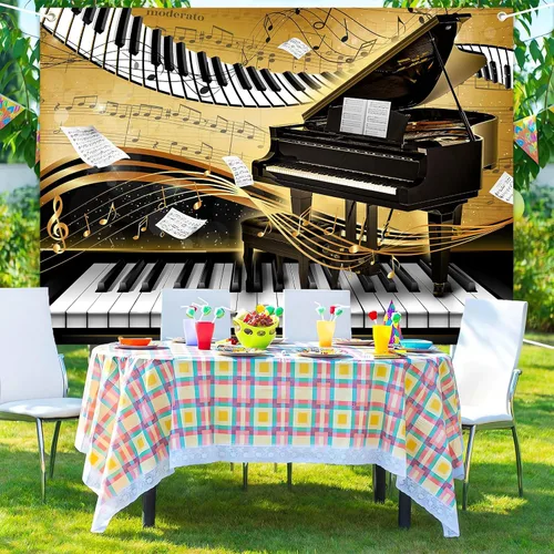 Miniatura 5 de Telón de fondo con tema de piano de 7 x 5 pies, notas musicales doradas, fondo de foto, tema musical, decoración de fiesta de cumpleaños, pancarta