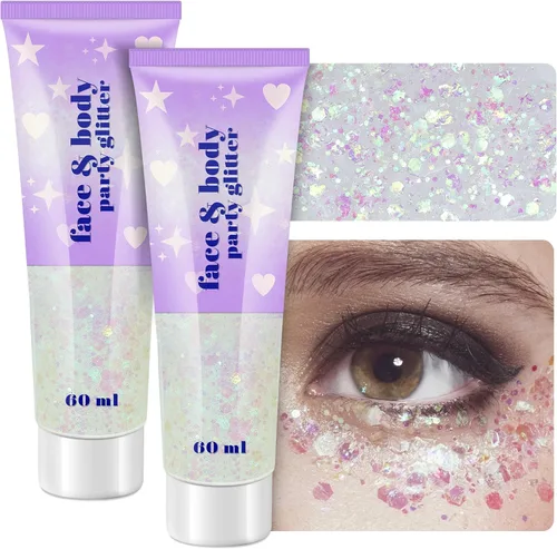 Miniatura 9 de Gel de purpurina corporal, 2 frascos de gel con purpurina facial y lentejuelas para cabello, labios, sombra de ojos, uñas, gel de purpurina gruesa