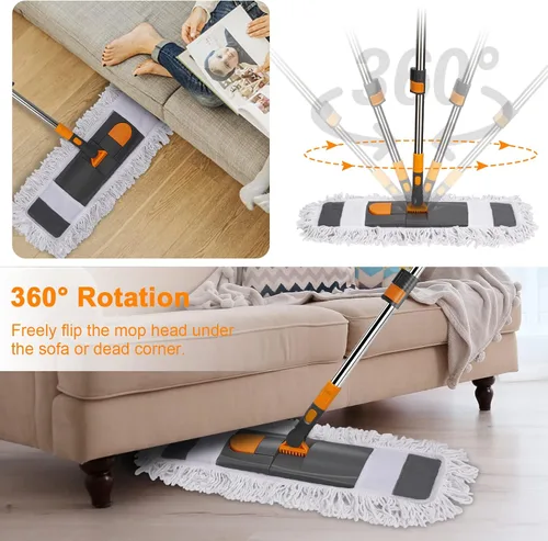 Miniatura 4 de MASTERTOP Trapeador de polvo para limpieza de pisos, mopa de microfibra con 2 almohadillas lavables, mango largo ajustable en altura, trapeador Gris
