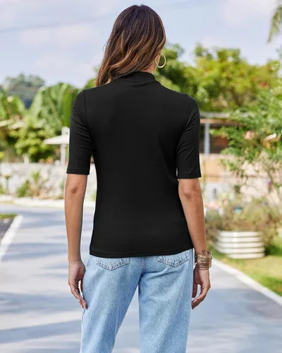 Miniatura 6 de LaLaLa Camiseta de media manga para mujer, cuello alto, elegante, casual, para primavera, ajustada, básica