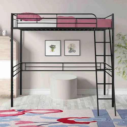 Miniatura 7 de Base de cama de metal tipo loft con escalera y barandilla de seguridad, marco de cama moderno de plataforma individual con espacio debajo de la cama