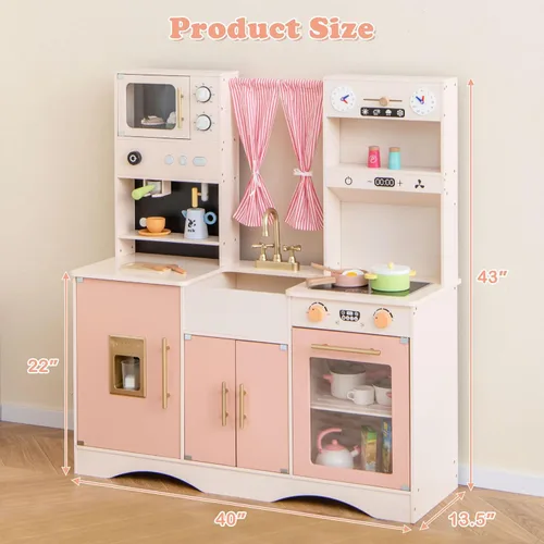 Miniatura 8 de INFANS Juego de cocina de niños, juego de cocina de juguete con máquina de café, estufa, fregadero removible, microondas, gabinete