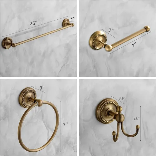 Miniatura 2 de Juego de 4 accesorios de baño de latón antiguo dorado – Toallero de 24 pulgadas, accesorios de baño de latón antiguo – Juego de accesorios de baño