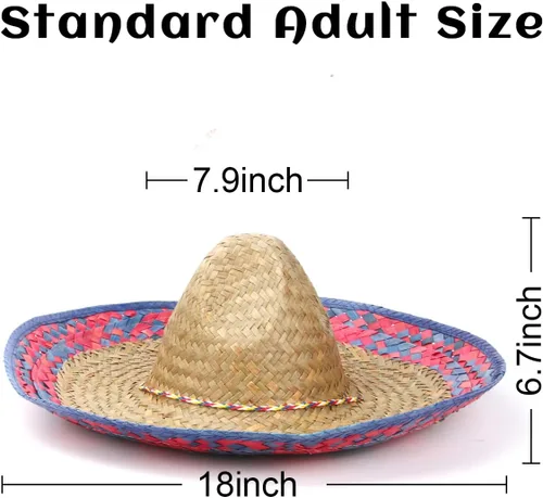 Miniatura 6 de DUNCHATY Auténtico sombrero de paja mexicana con ribete de serape, sombrero de disfraz para adultos para fiesta del Cinco de Mayo