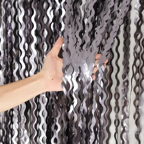 Miniatura 14 de Paquete de 4 cortinas onduladas de flecos de papel de aluminio verde azulado aguamarina para decoración de fiesta, 3.3 pies x 6.6 pies, cortina