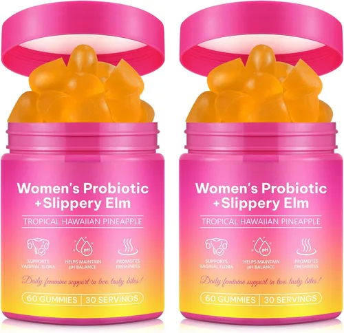 Paquete de 2 gomitas probióticas para mujer para la salud vaginal, suplemento de equilibrio del pH y apoyo inmunológico, sabor a piña, 120 unidades