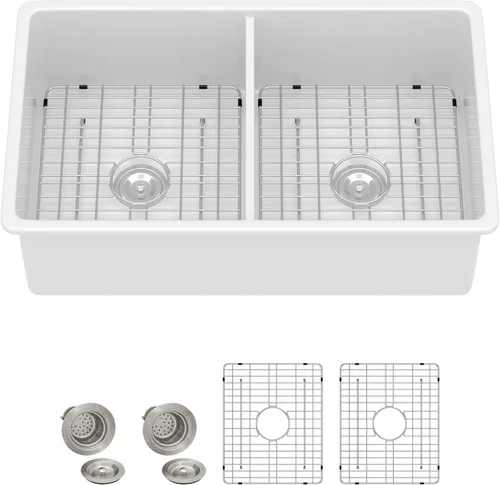 Miniatura 2 de Fregadero de cocina blanco de 32 x 19 pulgadas, cuenco doble de arcilla refractaria de porcelana de cerámica blanca, doble montaje 50/50, montaje