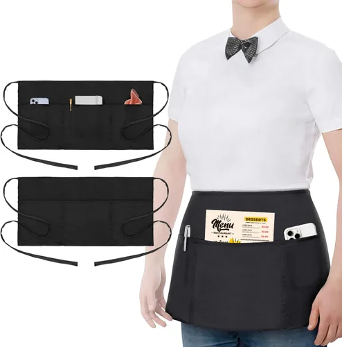 Miniatura 8 de Paquete de 3 delantales de cintura – Delantales de servidor con 3 bolsillos – Delantal de camarera resistente al agua y al aceite – Delantal negro