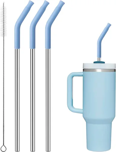 Pajitas rectas de metal para vaso Stanley de 40 onzas, paquete de 3 popotes reutilizables de acero inoxidable con puntas de silicona y cepillo