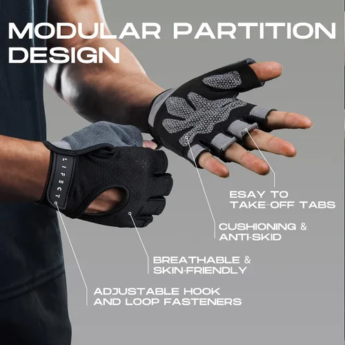 Miniatura 5 de LIFECT Essential - Guantes de entrenamiento transpirables, guantes de levantamiento de pesas sin dedos con parte trasera abierta curvada, para Negro