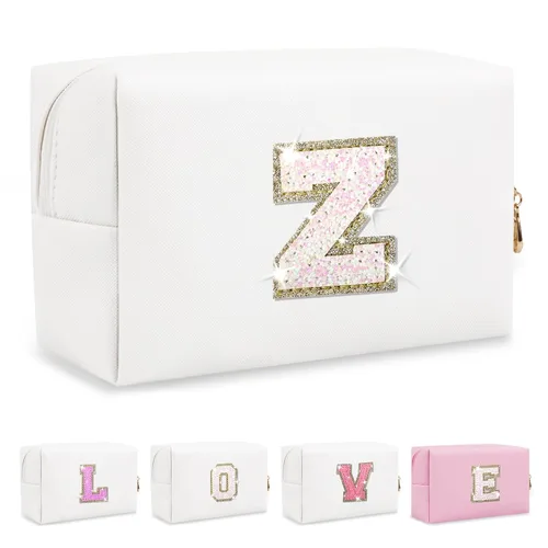 Miniatura 46 de Pequeña bolsa de maquillaje personalizada con inicial A-Z Preppy Patch, bolsa de cosméticos de viaje de felpilla blanca con cremallera, bonita bolsa