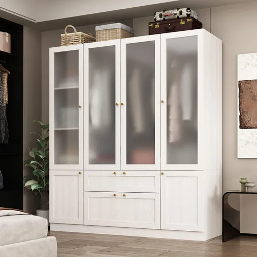 MOUMON Armario grande con 4 puertas acrílicas y 2 cajones, armario con barra para colgar, para dormitorio, grano de madera (63 pulgadas de ancho x