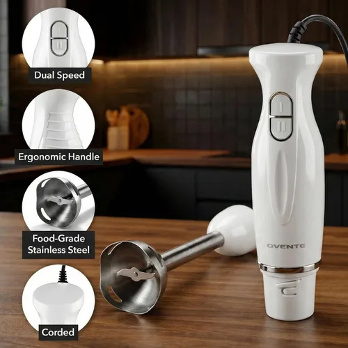 Miniatura 2 de OVENTE Batidora de Mano de Inmersión, Mezclador de Mano Portátil Eléctrico de 300W con 2 Velocidades de Mezcla y Cuchillas de Acero Inoxidable