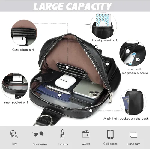 Miniatura 5 de Bolso Bandolera Mochila Cruzada - 2 en 1 Bolso Cruzado de Cuero Riñonera con 2 Correas Extraíbles Mini diaper bag Café