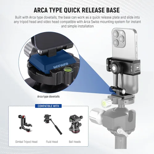 Miniatura 6 de Adaptador de montaje de trípode para teléfono Neewer con base tipo Arca QR, zapata fría, agujeros de 1/4" y 3/8", giro de 360° y inclinación