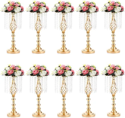 Miniatura 10 de Sziqiqi - Centro de mesa elevado floral dorado para mesa de boda de 21.7 pulgadas de altura con centros de mesa de flores de cristal y cuentas