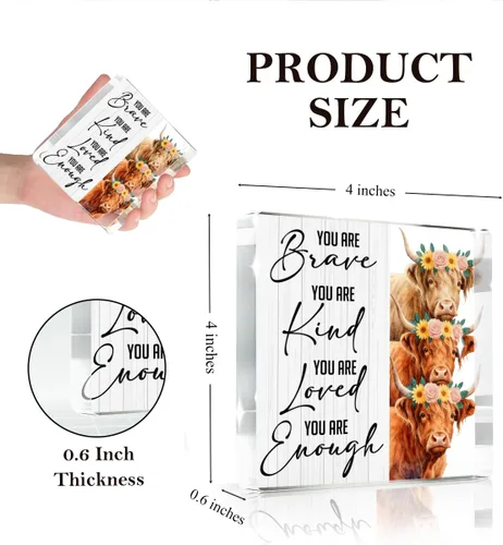 Miniatura 2 de Highland Cow Gifts - Letrero acrílico con texto en inglés "You are Brave Kind Loved Enough Positive Inspirador Highland Cow Regalos para Amigos
