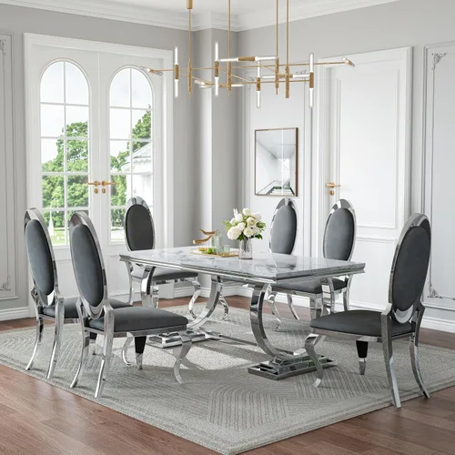 Miniatura 26 de Juego de mesa de comedor de mármol de 70 pulgadas para 6, mesa de cocina grande y sillas de cuero negro, mesas de comedor modernas negras y doradas