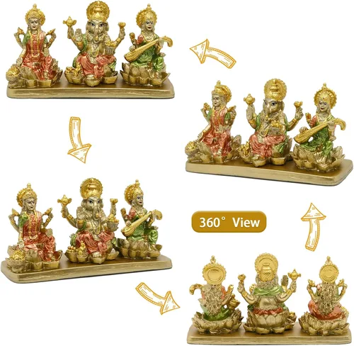 Miniatura 4 de alikiki Estatua hindú de Lakshmi Ganesha Saraswati – Ídolo de Laxmi Ganesh para decoración del tablero del automóvil, templo mandir Pooja, artículo