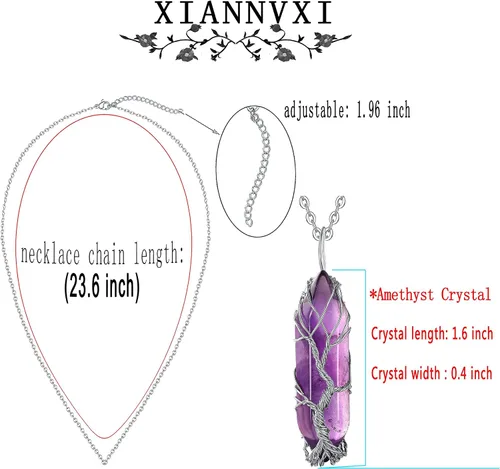 Miniatura 6 de XIANNVXI Collar con colgante de luna creciente envuelta en alambre con forma de árbol de la vida Collar con piedras de cristal curativo de reiki