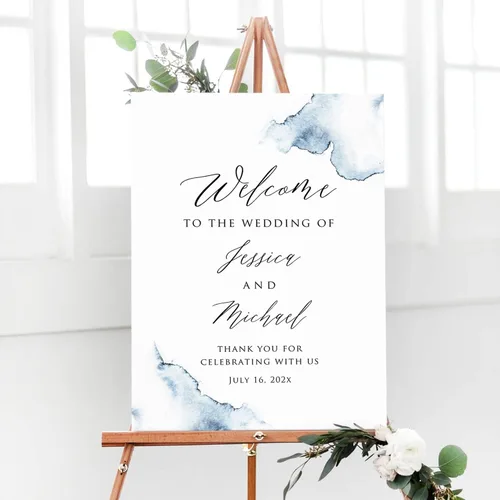 Miniatura 7 de Cartel de bienvenida de boda floral azul claro personalizado, cena de ensayo para parejas, ducha, aniversario, fiesta, póster de bienvenida, lienzo