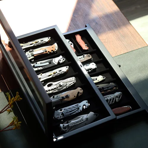 Miniatura 7 de Estuche de exhibición de cuchillos de dos niveles, caja de almacenamiento para cuchillos de bolsillo de 15 a 17 cuchillos de bolsillo, estuche Chapa
