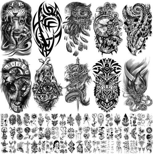 Miniatura 11 de Tatuajes temporales para hombres y mujeres adultos, 77 hojas de calcomanías de tatuaje falsas, lágrimas de serpiente, relojes, planetas