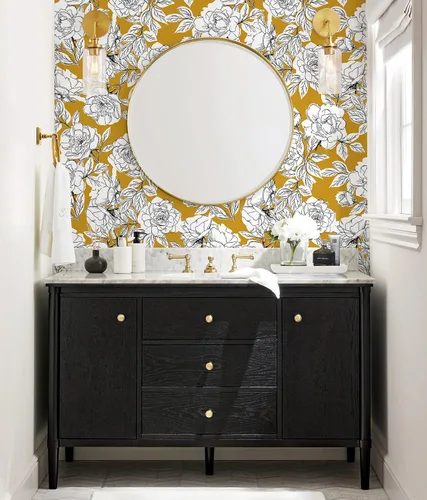 Miniatura 2 de HAOKHOME Papel Tapiz Floral de Despegar y Pegar Boho Extraíble de Vinilo Amarillo/Negro/Blanco para Pared Adhesiva Decorativa para Hogar y Baño