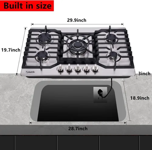 Miniatura 5 de Placa de cocina de gas de 30 pulgadas, 5 quemadores de alta eficiencia, estufa de gas de acero inoxidable, estufa de gas incorporada, encimera