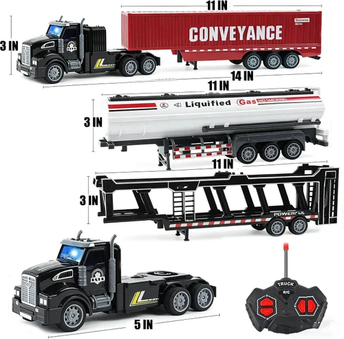 Miniatura 5 de Juego de juguetes de camión RC 3 en 1, incluye transportadores de automóviles, camiones cisterna y camiones contenedores, camión de juguete de Negro