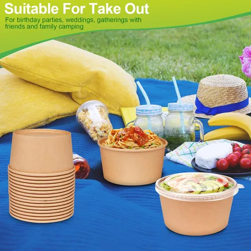 Miniatura 4 de Greensight Cuencos de papel grandes de 32 onzas con tapas, paquete de 50 unidades, desechables, biodegradables para ensaladas, sopas, alimentos