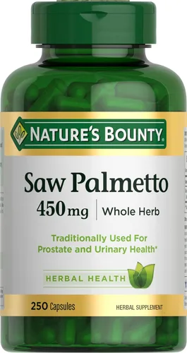 Nature's Bounty Saw Palmetto Apoyo para la Salud de la Próstata y Urinaria, Suplemento Herbal para la Salud, 450mg, 250 Cápsulas