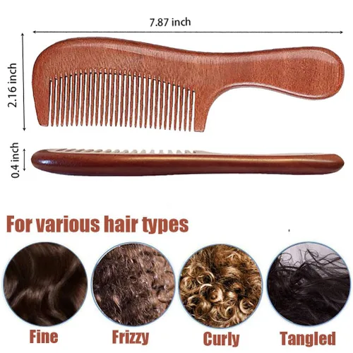 Miniatura 6 de Juego de 2 peines de madera de sándalo, peine de madera de dientes anchos y finos para mujeres y hombres, peine de madera desenredante antiestático