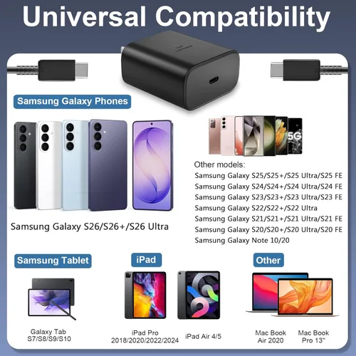 Miniatura 6 de Cargador súper rápido USB C de 45 W para teléfono Android tipo C, bloque de carga rápida con cable de 5 pies para Samsung Galaxy S26/S26