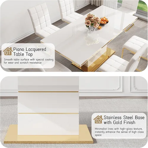Miniatura 5 de Mesa de comedor moderna negra para 6 personas, mesa de cocina rectangular de 63 pulgadas con acabado lacado dorado y base de pedestal de acero