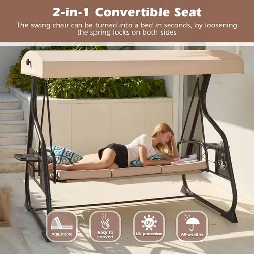 Miniatura 2 de ZZW Silla de columpio para patio de 3 asientos, 800LBS, columpio al aire libre con soporte, con dosel y respaldo ajustable, silla columpio