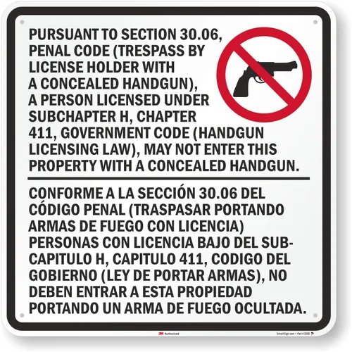 SmartSign "Trespass by License Handgun Prohibited" Sec. 30.06 Texas Law Sign | 30 x 30 pulgadas, aluminio reflectante de grado de ingeniero 3M,