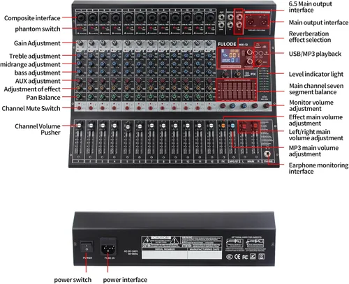 Miniatura 8 de Mezclador de audio de estudio Bluetooth de 12 canales con procesador digital DSP de 99 bits con MP3 USB para entrada de grabación de PC, conector