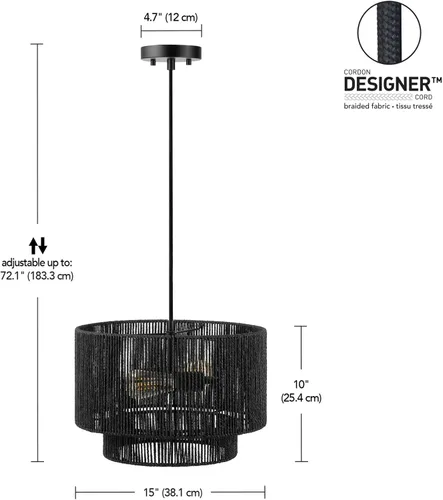 Miniatura 7 de GLOBE Electric 67000102 Lámpara colgante de 2 luces, negro mate, pantalla de hilo de papel, cable de tela trenzada, iluminación de isla de cocina