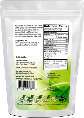 Miniatura 2 de Z Natural Foods Polvo orgánico de hoja de alfalfa - Hecho en Estados Unidos - Suplemento superalimenticio verde para bebidas, té, batidos, recetas
