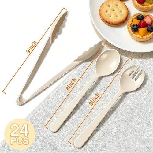 Miniatura 2 de Juego de 24 utensilios de plástico beige para servir, cucharas, tenedores y pinzas desechables resistentes (8 de cada uno), suministros de catering