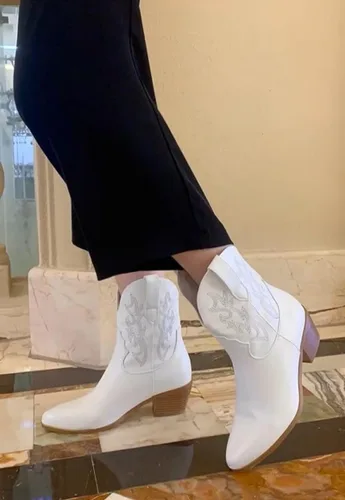 Miniatura 6 de STALOV Botas vaqueras occidentales para mujer, bordadas, plateadas, hasta el tobillo, punta puntiaguda, sin cierre, tacón de bloque, casual