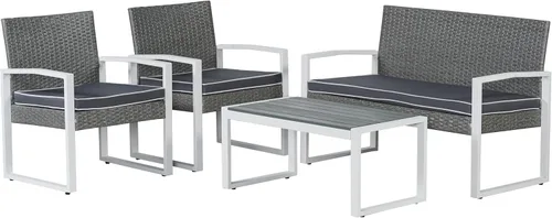 JONATHAN Y Elina LVG1102A-4SET - Juego de 4 piezas para patio al aire libre, muebles modernos de mimbre con cojines y mesa de centro de madera de