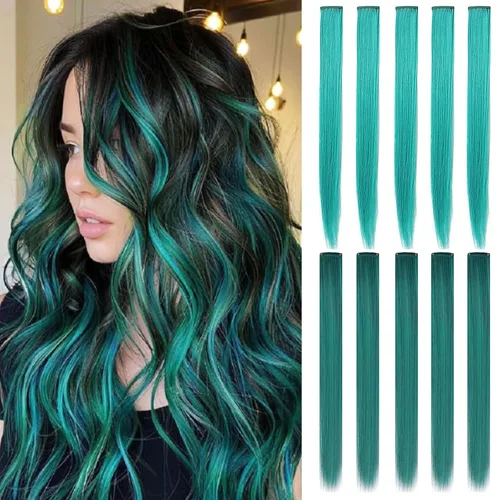 Miniatura 8 de Extensiones de cabello con clip de colores, 8 piezas de cabello sintético liso con reflejos azules y verde azulado