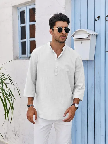 Miniatura 3 de Mens Linen Cotton Henley Shirts Lightweight Button Up Casual Tees 34 Sleeve Beach Plain Pullover V Neck Summer Tops
