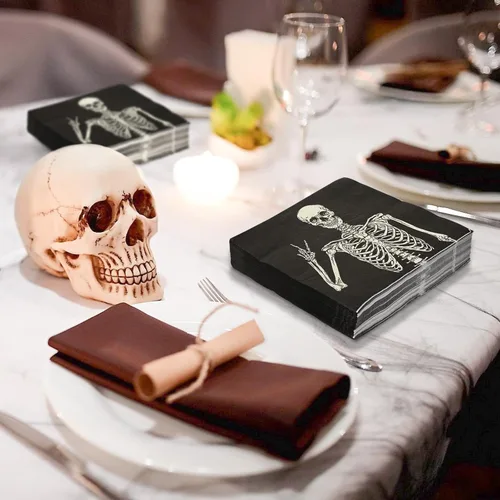 Miniatura 7 de AnyDesign Paquete de 80 servilletas de papel de calavera desechables de Halloween, servilletas de almuerzo de esqueleto sonriente, decoración