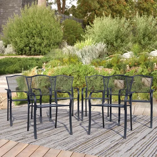 Miniatura 13 de Juego de 2 sillas de comedor para patio, sillas de comedor apilables negras para exteriores, juego de muebles de patio de metal para jardín, patio