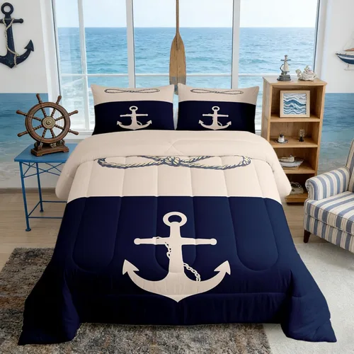 Miniatura 16 de Juego de edredón de brújula azul marino, tamaño individual, 2 piezas, diseño náutico de vela, estilo simple, para niños, adolescentes, adultos